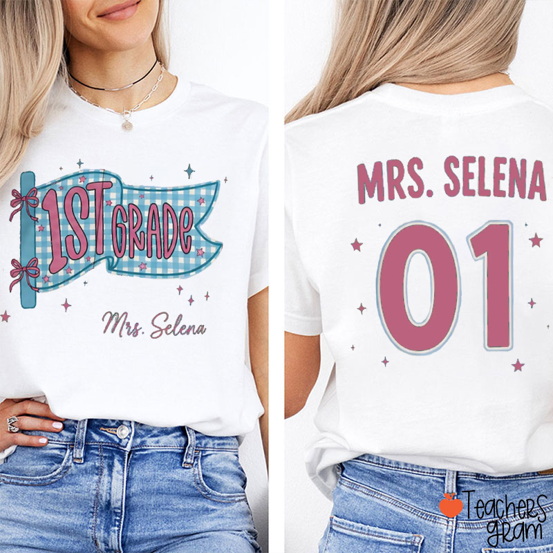 Personalized Name And Grade Gingham Pennant Bow Star Teacher Two Sided T-Shirt