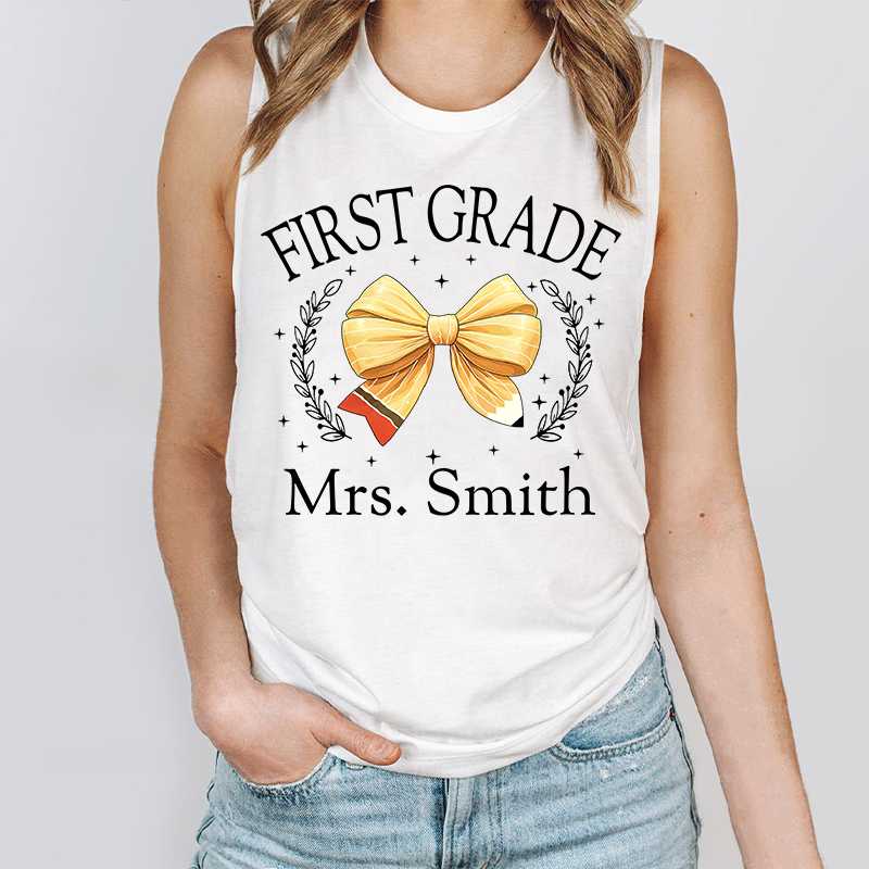 Personalized Name And Grade Bow Teacher Tank Top