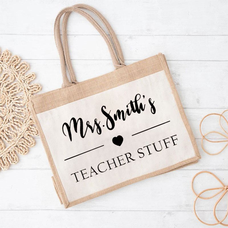 Personalized Name Love Line Simple Teacher Jute Lunch Bag