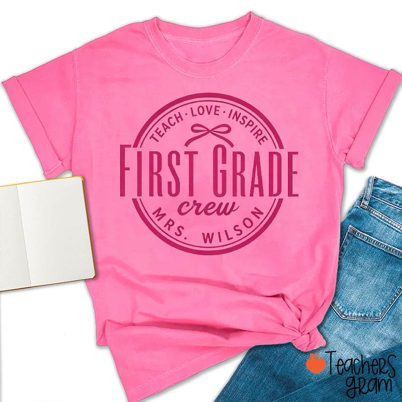 Personalized Grade Crew Teach Love Inspire Bow Teacher T-Shirt