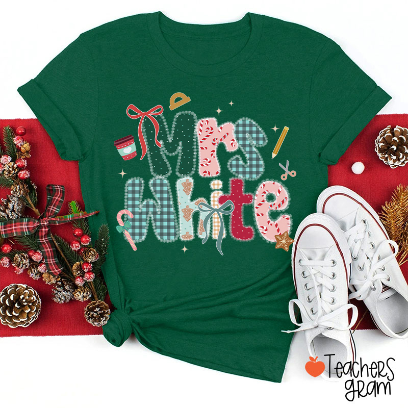 Personalized Name Christmas Candy Cane Teacher T-Shirt
