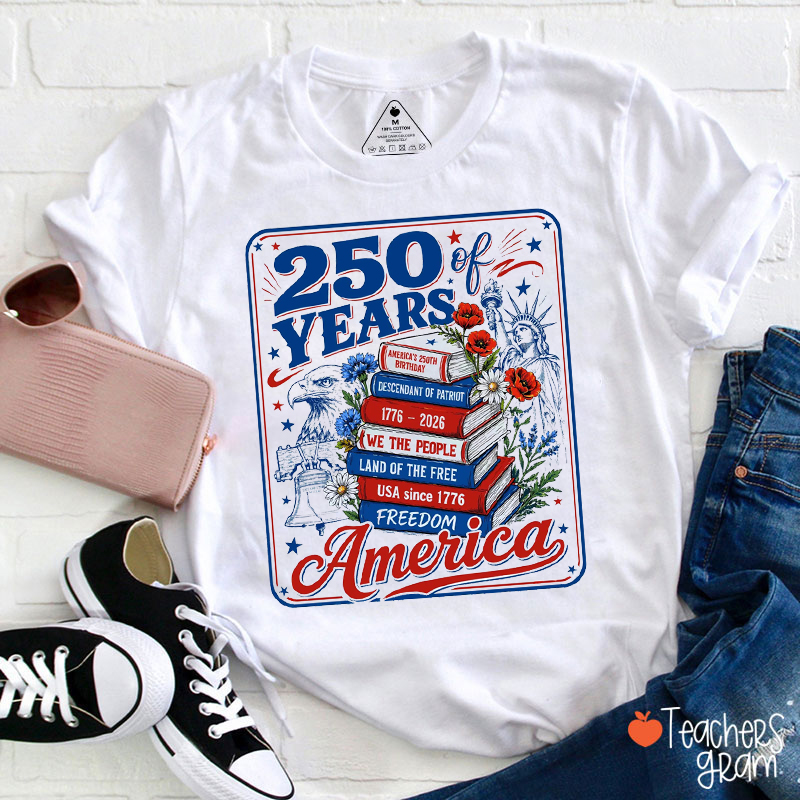 250 Years Of America Book Flowers Teacher T-Shirt