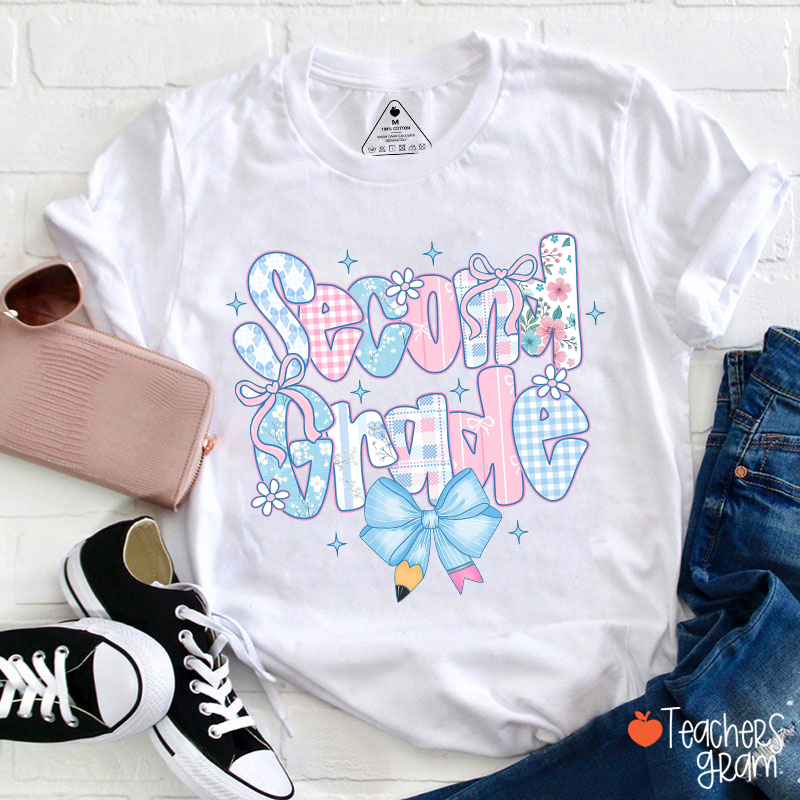 Personalized Grade Blue Bow Pencil Flower Star Teacher T-Shirt