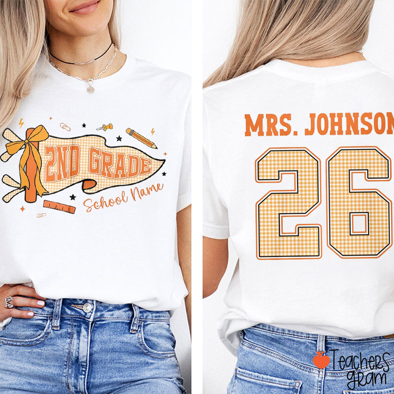 Personalized Grade Name And School Name Gingham Pennant Teacher Two Sided T-Shirt