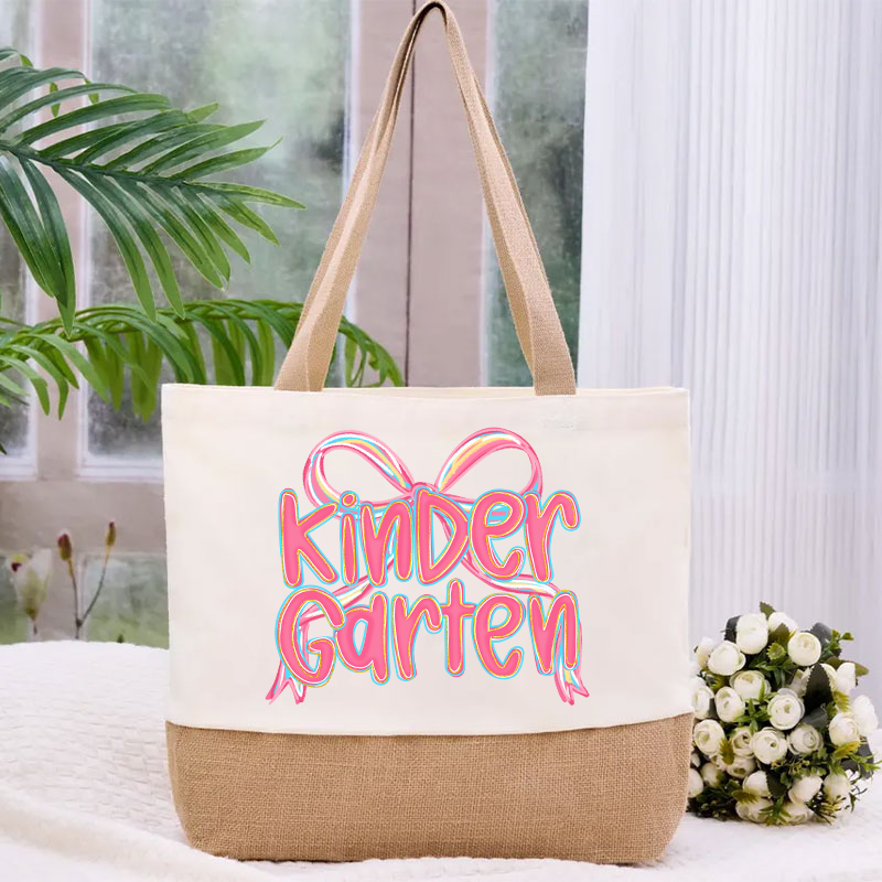 Personalized Grade Pink Bow Teacher Canvas Tote Bag