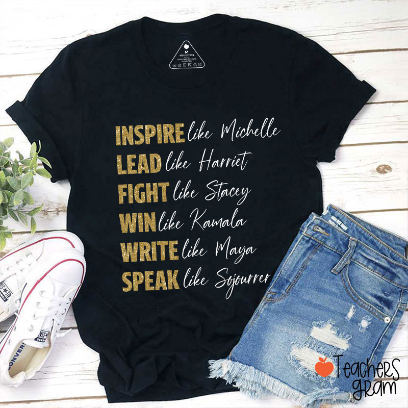 Glitter Inspire Lead Fight Win Teacher T-Shirt
