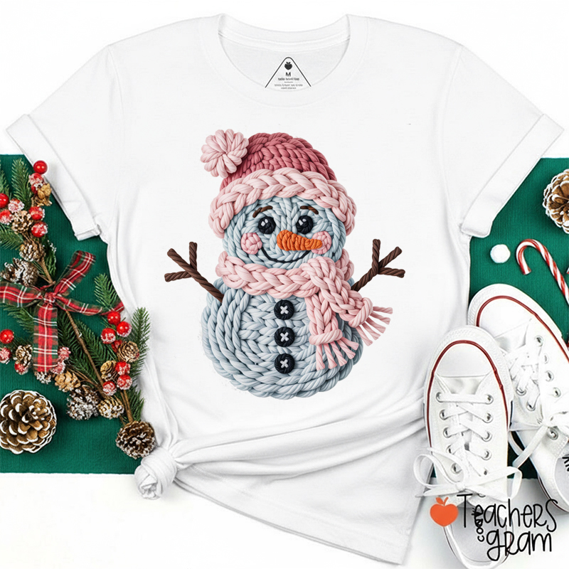Faux Yarn Crochet Snowman Christmas Teacher T-Shirt
