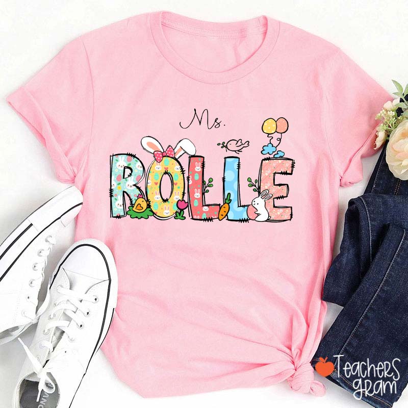 Personalized Rabbit Printed Name Easter Teacher T-Shirt