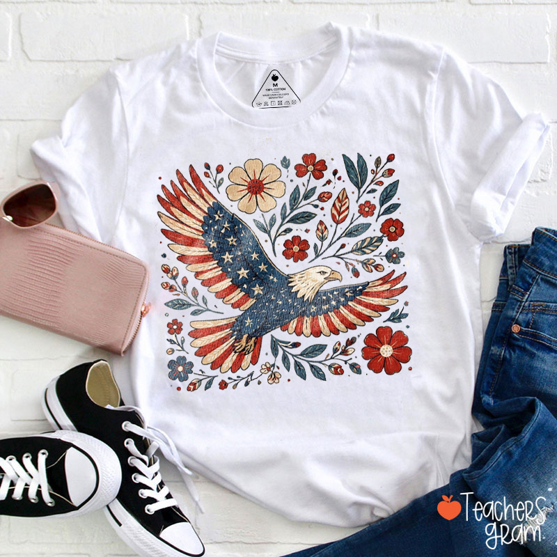 Patriotic Eagle Floral Teacher T-Shirt