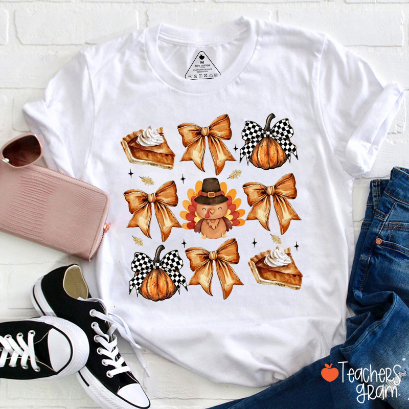 Retro Fall Pumpkin Coquette Bow Thanksgiving Teacher T-Shirt