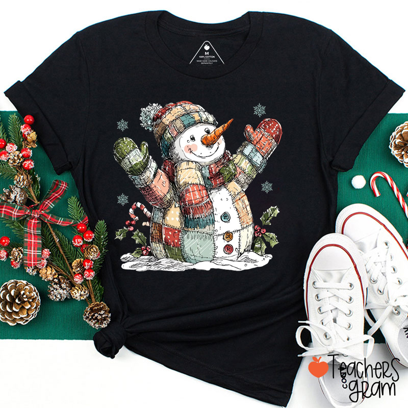 Patchwork Snowman Christmas Teacher T-Shirt