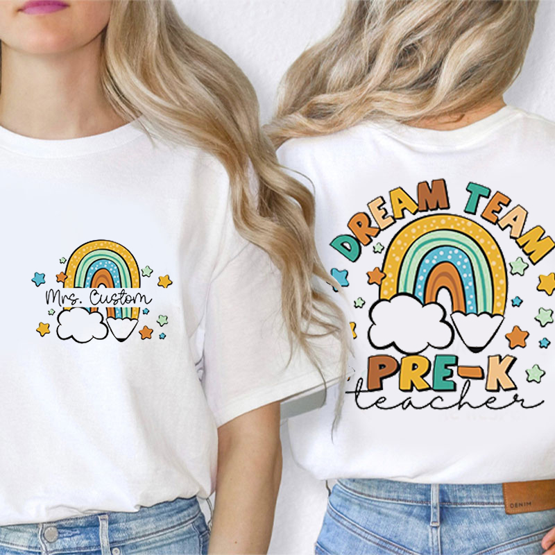 Personalized Name And Grade Pencil Cloud Icon Teacher Two Sided T-Shirt