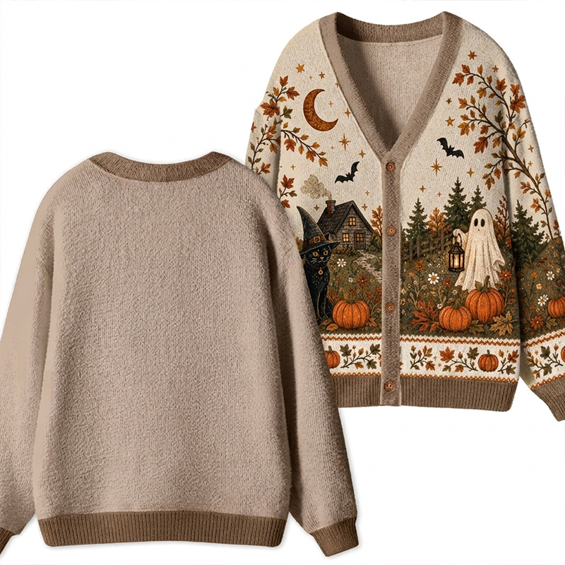 Halloween Fall Ghost Pumpkin Teacher Ugly Cardigan Sweaters