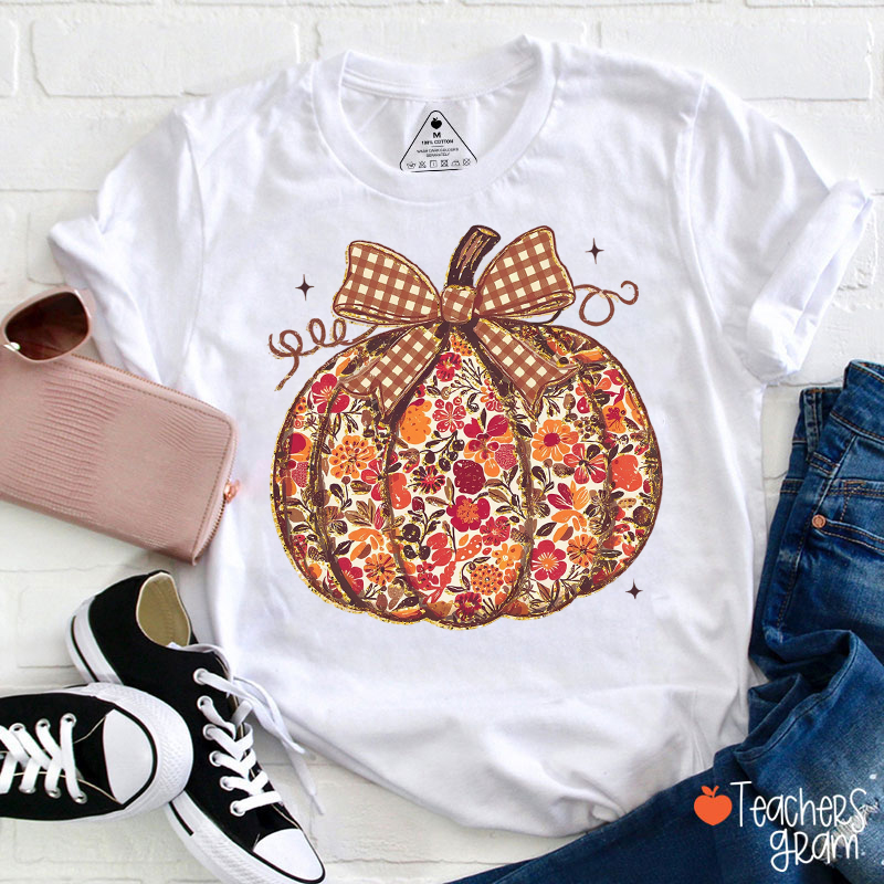 Vintage Floral Plaid Bow Pumpkin Teacher T‑Shirt