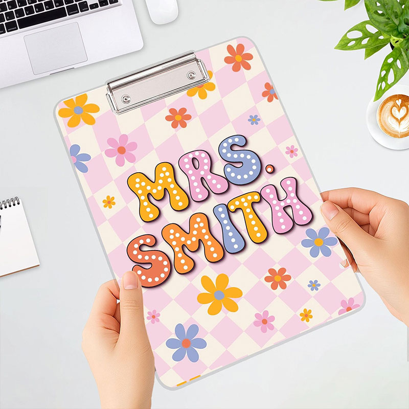 Personalized Pink Checkerboard Colorful Bubble Teacher Clipboard