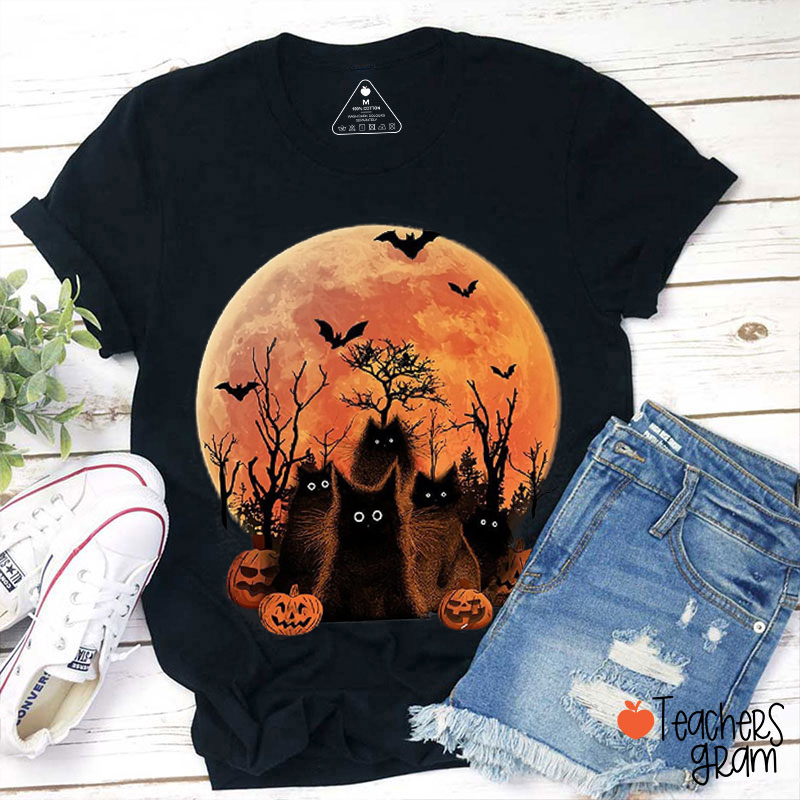Black Cat Halloween Teacher T-Shirt