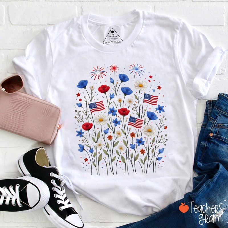 4th Of July Wildflowers And Fireworks Teacher T-Shirt