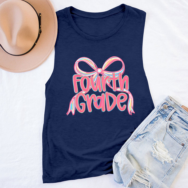 Personalized Grade Pink Bow Teacher Tank Top
