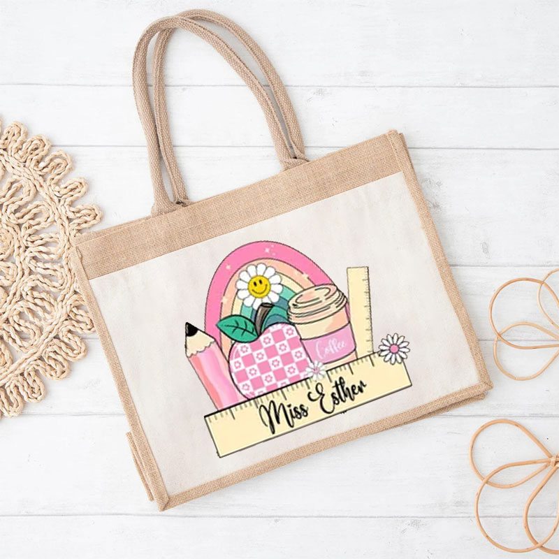 Personalized Name Stationery Apple Coffee Cup Rainbow Flower Teacher Jute Lunch Bag