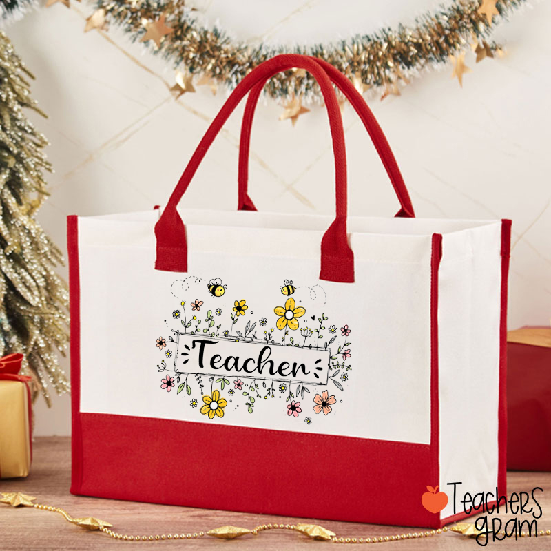 Personalized Name Flowers Bees Teacher Cotton Tote Bag