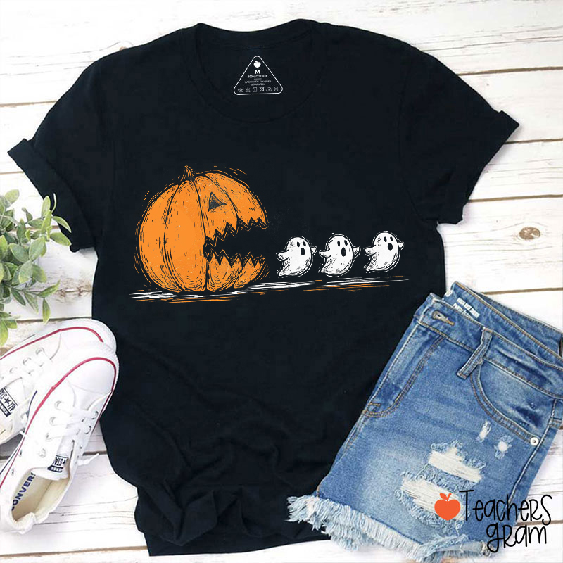 Pumpkin Chasing Ghost Teacher T-Shirt