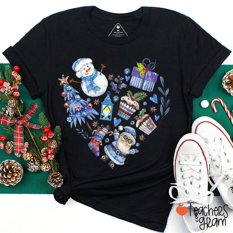 Blue Christmas Tree Snowman Santa Claus Teacher T-Shirt