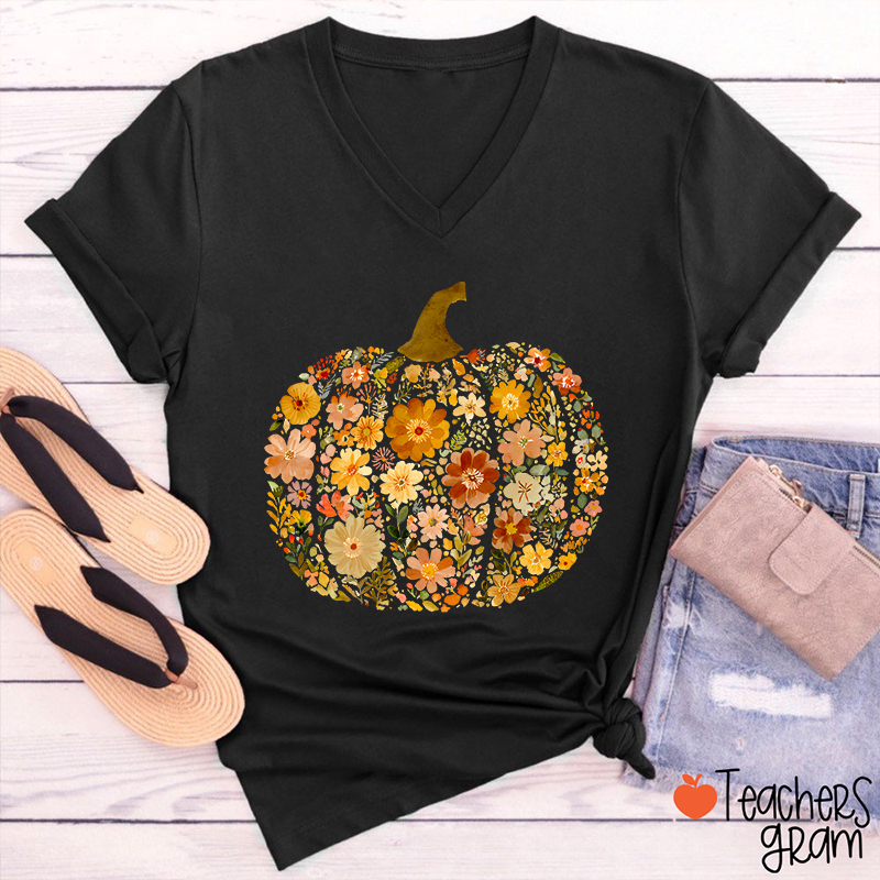 Pumpkin Orange Flowers Grass Teacher Female V-Neck T-Shirt