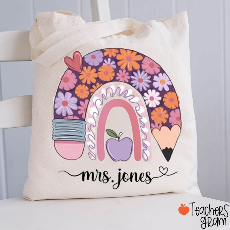 Personalized Flower Pencil Rainbow Teacher Tote Bag