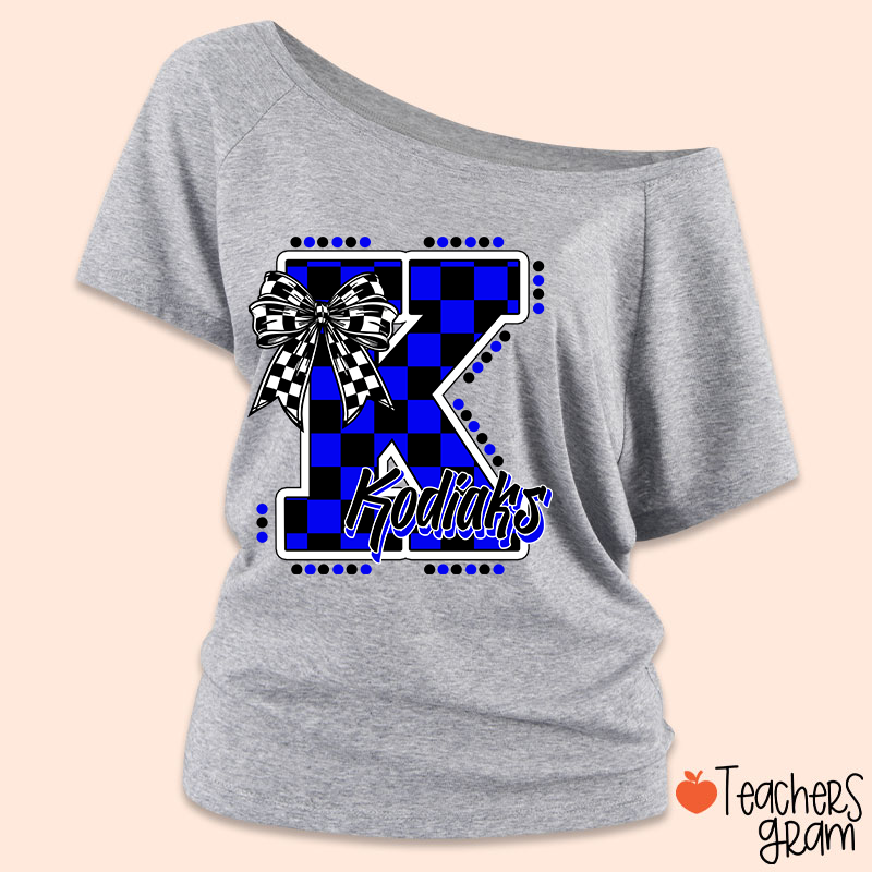Personalized Mascot Checkered Print Teacher Off Shoulder Shirt