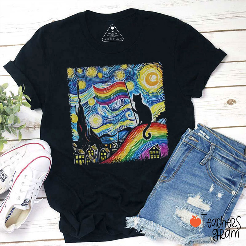 Cat Rainbow Colors Pride Flag Teacher T-Shirt