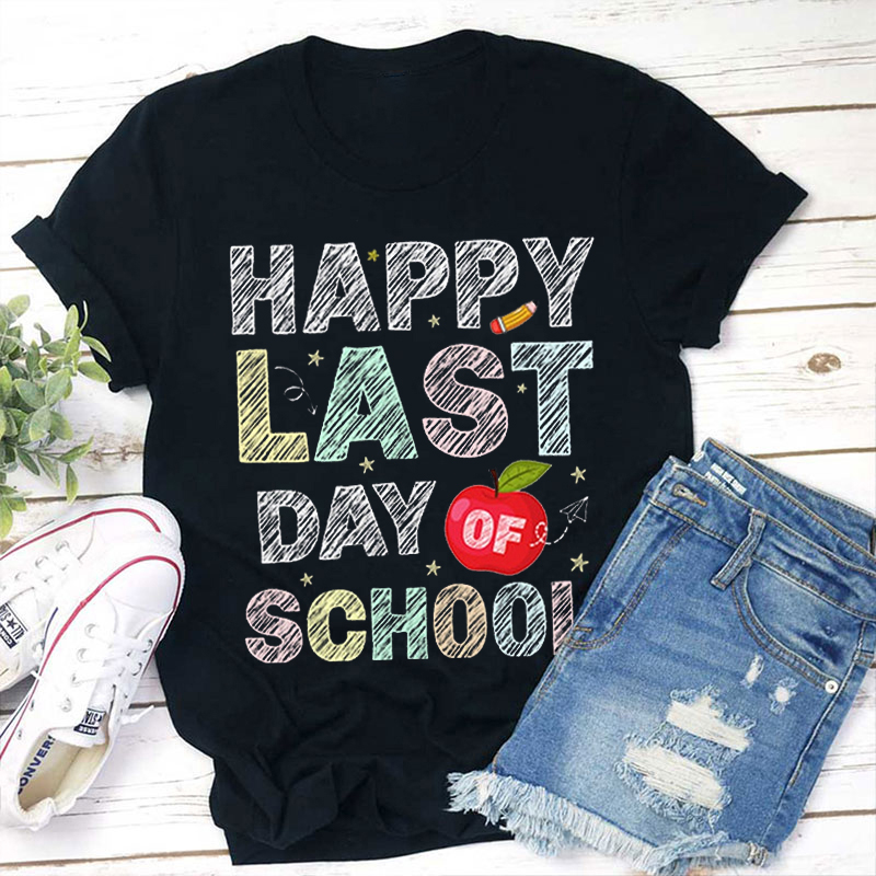 Pencil Font Happy Last Day Of School Teacher T-Shirt Sale-Teachersgram