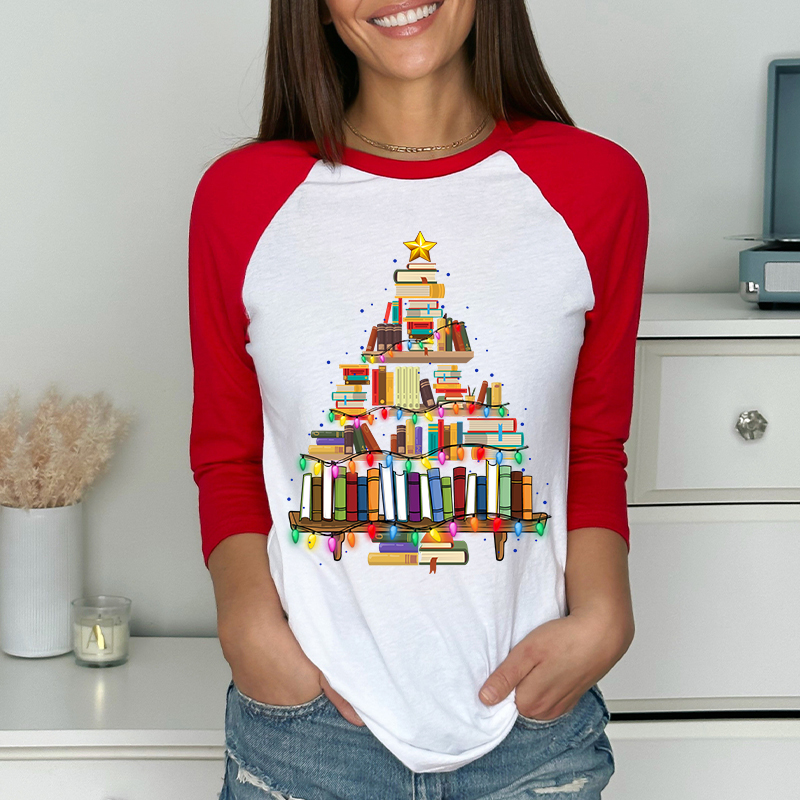 Book Christmas Tree Teacher Raglan Long Sleeve T-Shirt