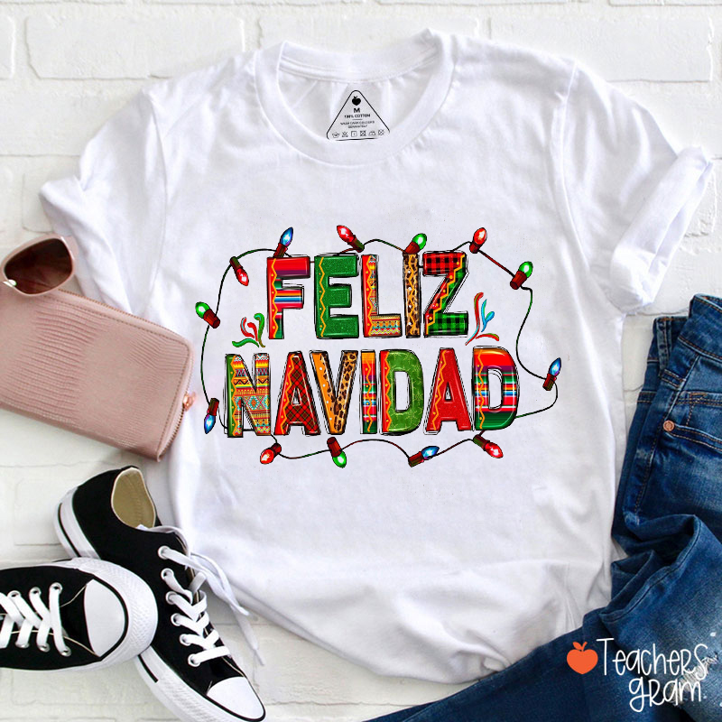 Feliz Navidad Light Christmas Spanish Teacher T-Shirt