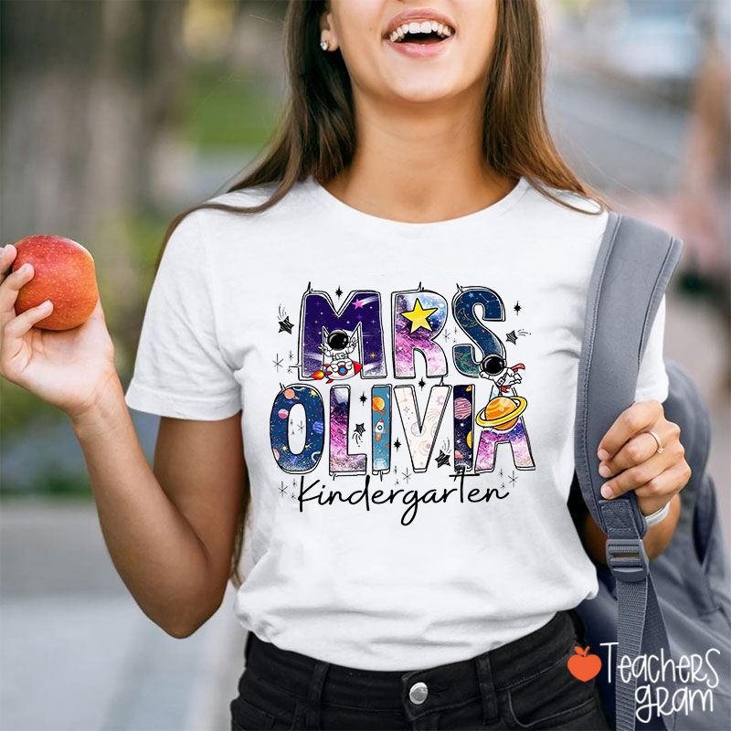 Personalized Grade Name Universe Astronaut Planet Star Teacher T-Shirt