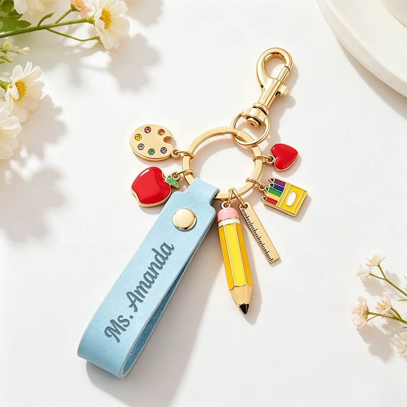 Personalized Name Graduation Gift Leather Teacher Keychain