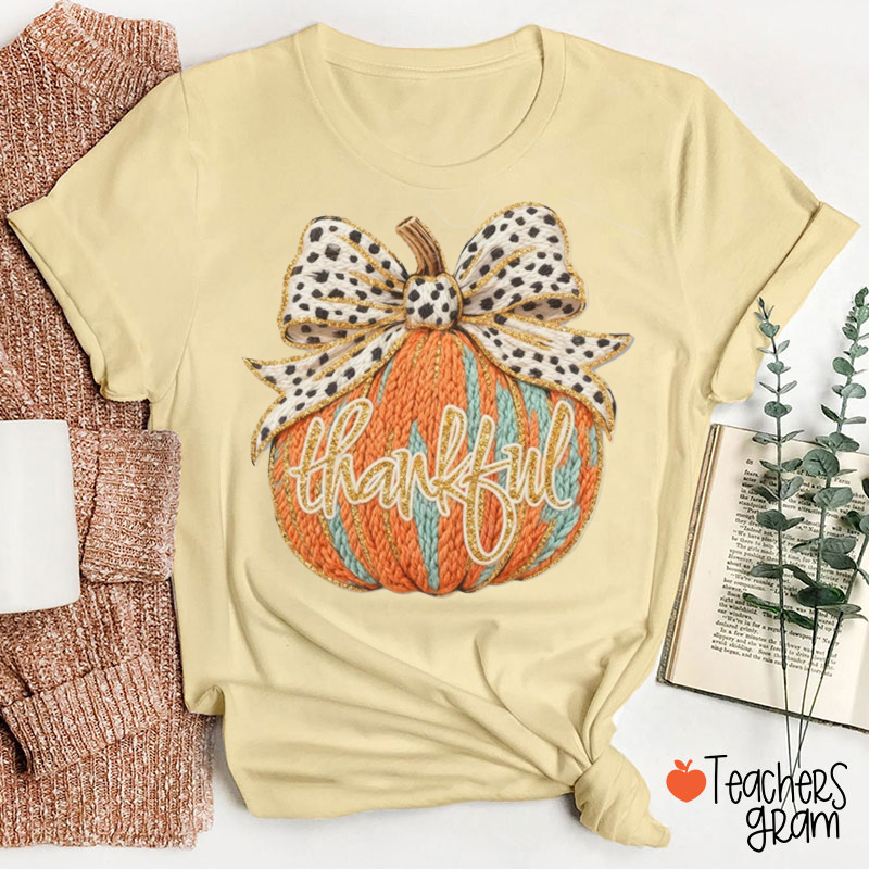 Faux Yarn Thankful Leopard Pumpkin Teacher T-Shirt