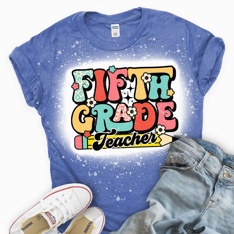 Personalized Flower And Grade Teacher Printed T-Shirt