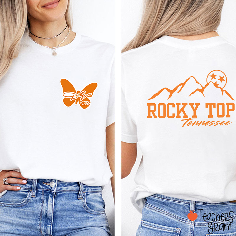 Rocky Top Tennessee Mountain Star Butterfly Teacher Two Sided T‑Shirt
