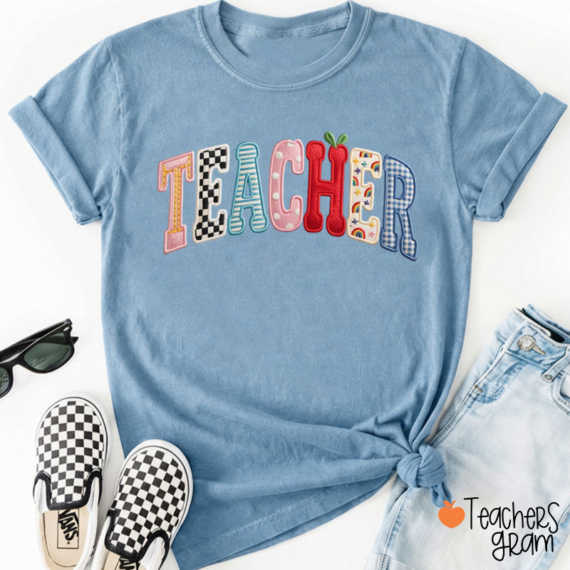 Faux Embroidered Letters Teacher T-Shirt