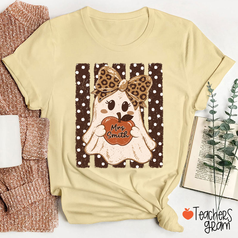 Personalized Name Ghost With Apple Teacher T-Shirt
