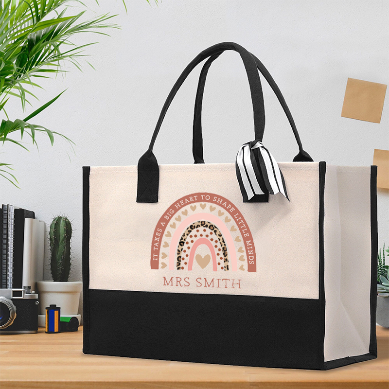 Personalized Pink Rainbow It Takes A Big Heart To Shape Little Minds Teacher Cotton Tote Bag
