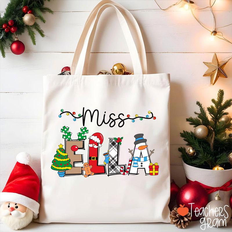 Personalized Name Cute Christmas Elements Teacher Tote Bag