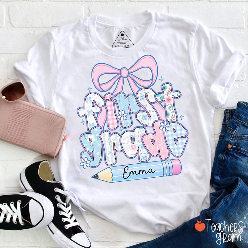 Personalized Grade Name Plaid Bow Pencil Teacher T‑Shirt