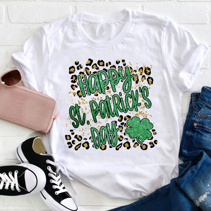 Leopard Print Happy St Patrick's Day Teacher T-Shirt