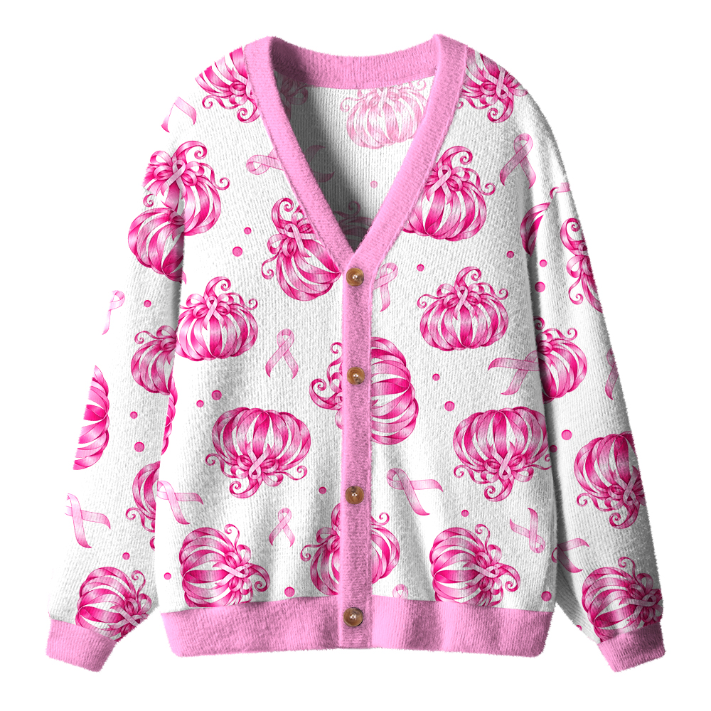 Pink Ribbon Bow Pumpkin Fall Teacher Ugly Cardigan Sweaters