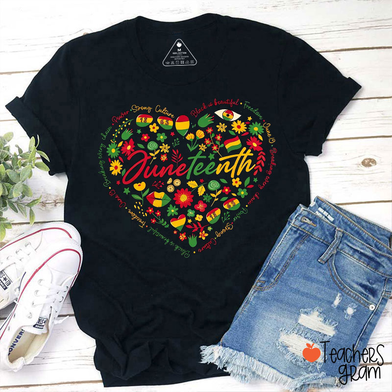 Juneteenth Floral Heart Teacher T-Shirt