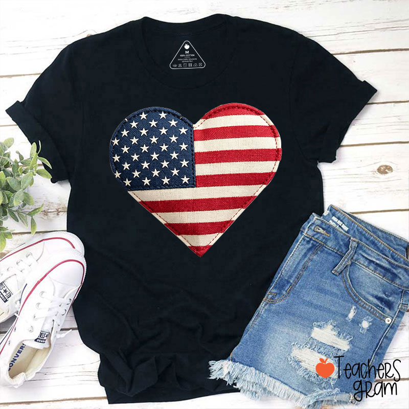 Faux Patchwork American Flag Heart Teacher T-Shirt