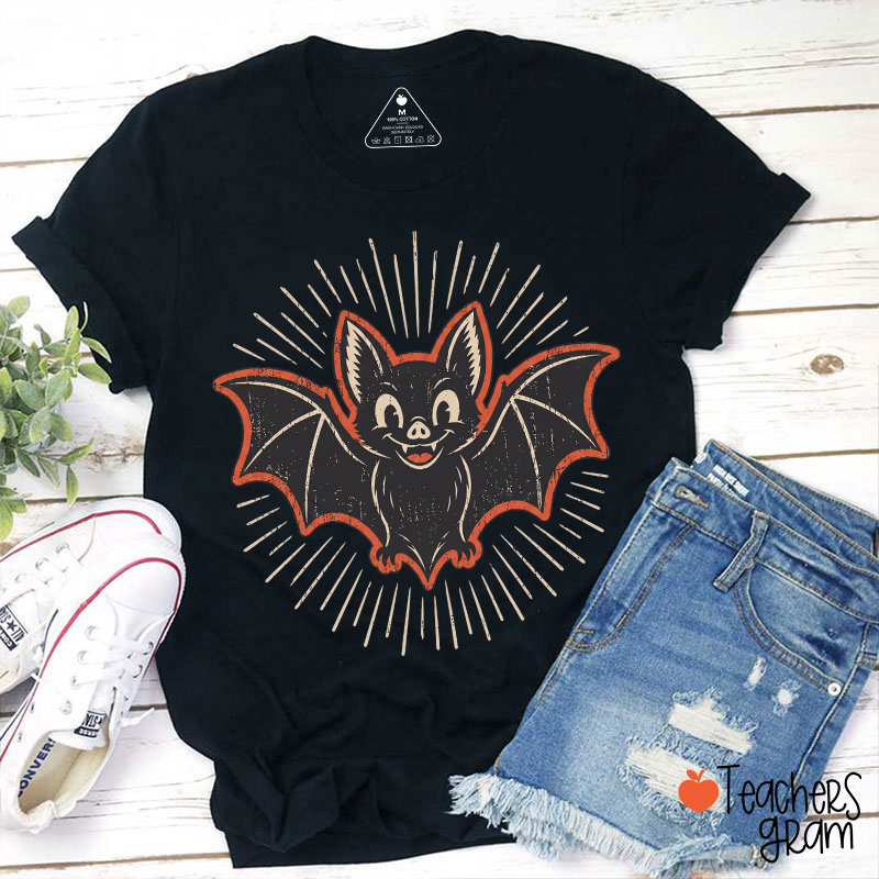 Vintage Cartoon Bat Retro Sunburst Teacher T‑Shirt