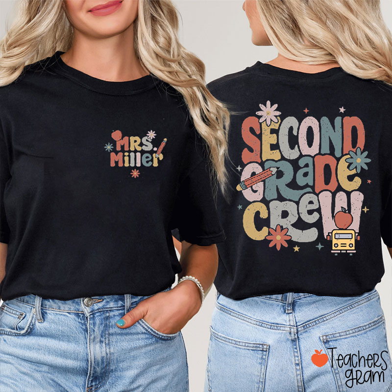 Personalized Grade Flowers Apple Bus Stars Teacher Two Sided T-Shirt