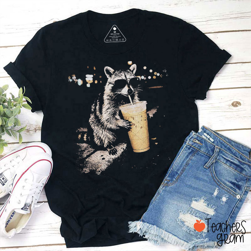 Vintage Cool Raccoon Drinking Coffee Teacher T-Shirt